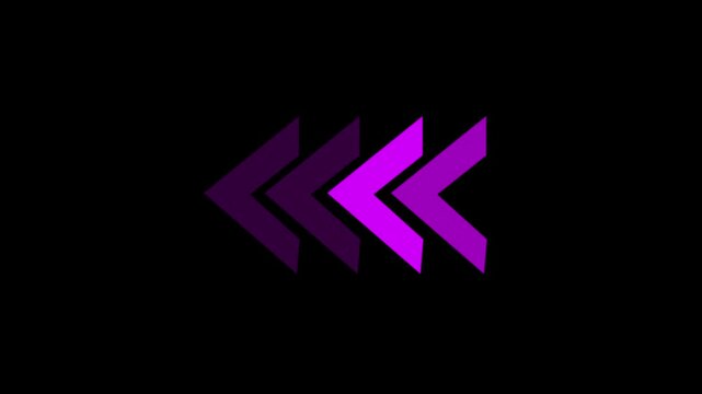 Purple neon arrows pointing left motion graphic a sequence of bright chevron towards the against a black backdrop arrow pointer glowing direction navigation arrow pointer glowing direction navigation