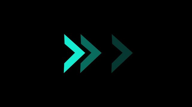 Dynamic triple teal chevron arrow icons pointing right on black a set of three arrows right, representing motion and speed on a dark background motion speed direction fast design