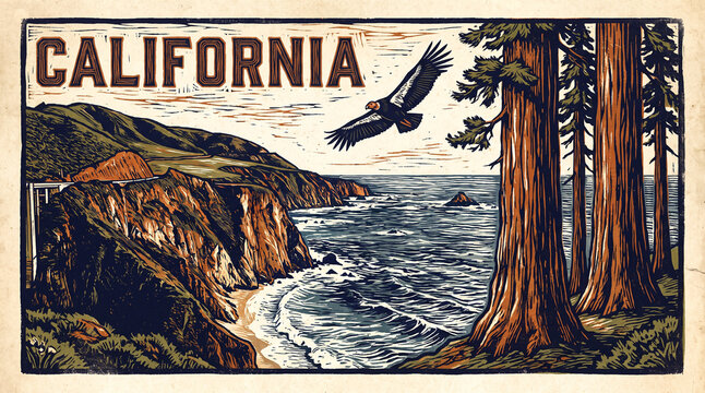 California state vintage linocut print illustration with coastal cliffs, giant sequoia trees and condor on cream background