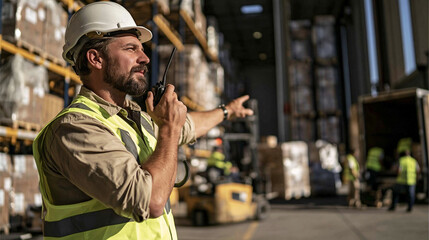 Obraz premium Warehouse Manager Directing Operations: A focused warehouse manager, wearing a hard hat and safety vest.