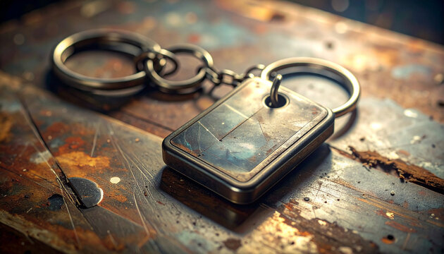Close-up of a vintage, tarnished metal keychain with a rectangular fob resting on a rustic, distressed surface.