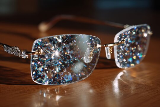 A close-up shot reveals a pair of sparkling, jewel-encrusted eyeglasses with diamond-like embellishments reflecting light, resting on a wooden surface, exuding luxury and glamour.