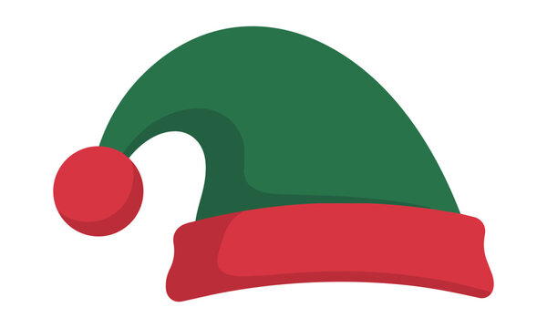 Stylized elf hat with fluffy pom-pom in bold flat colors isolated on white