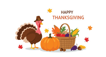 Naklejka premium Happy Thanksgiving banner with a funny turkey bird wearing a pilgrim hat next to a basket of autumn harvest fruits.