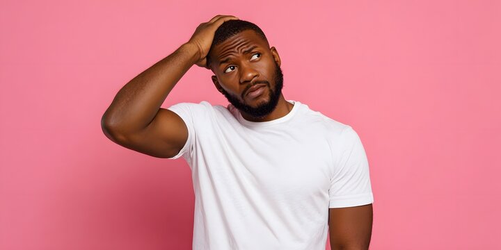 Young african american man wearing a white tshirt scratches his head with a puzzled expression against a pink  background.