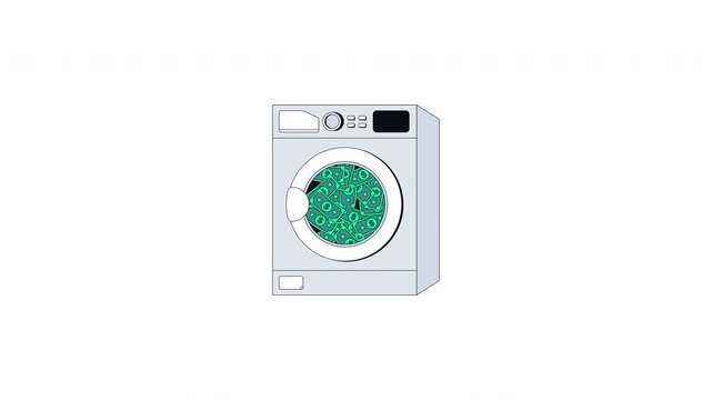 Money laundering washing machine 2D cartoon object animation. Financial crime. Illegal funds. Washer appliance filled with banknotes animated flat colorful item 4K video isolated on transparent