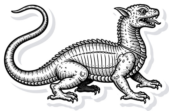 Vintage Woodcut Illustration of a Mythical Basilisk Dragon Creature in Black and White Engraving Style