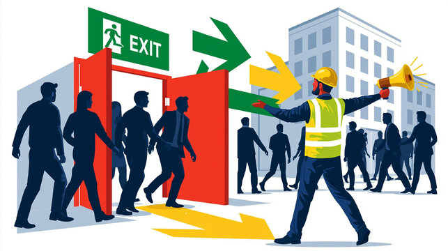 Emergency Evacuation Drill: A safety warden directs a group of people exiting a building during an emergency evacuation drill, emphasizing swift and organized departure.