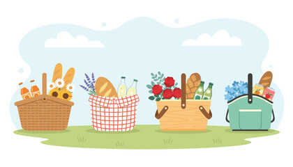 Fototapeta premium Four stylized picnic baskets filled with baguettes, flowers, and drinks are arranged on green grass under a blue sky.
