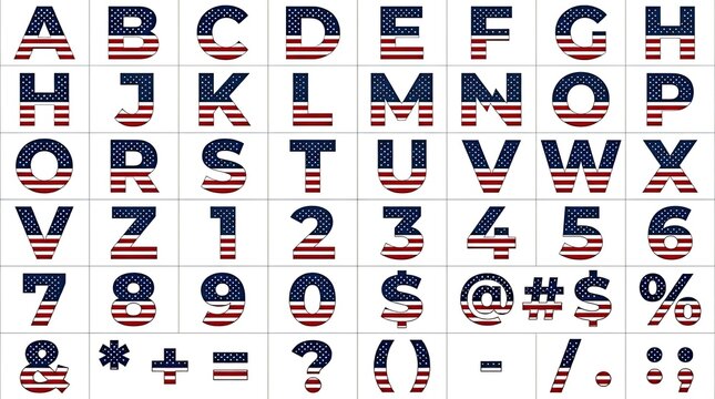 Complete alphabet and numbers set featuring an american flag pattern perfect for patriotic veterans day graphic design projects