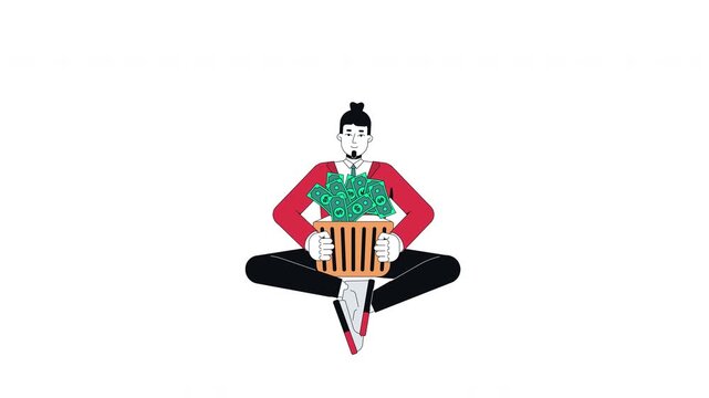 Businessman holding basket of cash 2D character animation. Corporate man sitting cross-legged with bag overflowing with banknotes animated person cartoon 4K video isolated on transparent white