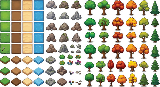 Isometric game asset kit featuring terrain tiles rocks trees and nature elements for mobile strategy game design