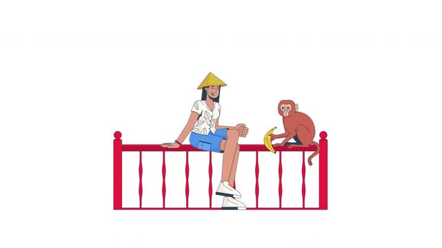 Southeast asian woman feeding monkey on railing 2D character animation. Indonesian tourist in traditional conical hat offering banana macaque animated person cartoon 4K video isolated on transparent