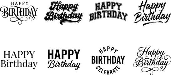 Set of eight vintage style happy birthday typography designs for greeting cards and party invitations © Emrul