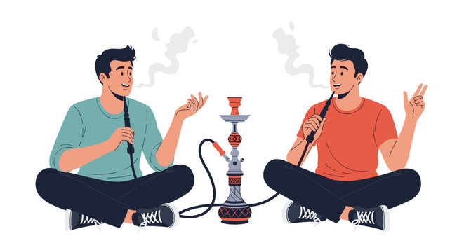 Two young men relaxing and enjoying shisha/hookah together, engaging in conversation and leisure, depicting a social activity and a modern lifestyle.