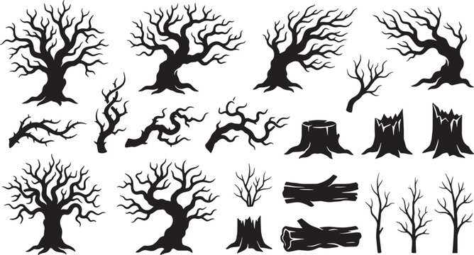 Set of bare tree silhouettes with stumps and logs for spooky forest or autumn landscape design
