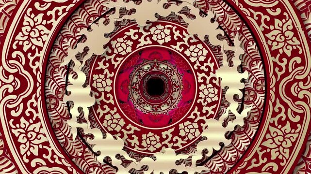 Traditional Chinese red and gold paper cut animation, rotating oriental floral mandala pattern, lunar new year festive background video