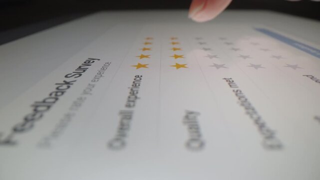 Motorized moving shot of giving five star ratings in customer feedback survey on tablet