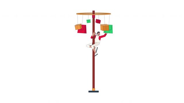 Winner reaching prize in traditional panjat pinang competition 2D character animation. Man climbing pole during Indonesia Independence Day animated person cartoon 4K video isolated on transparent