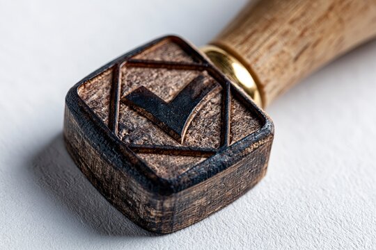 Wooden stamp with carved checkmark symbol on textured paper background