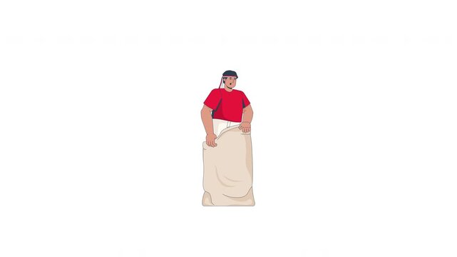 Man ready for traditional Indonesian sack race competition 2D character animation. Independence Day community game. Male contestant animated person cartoon 4K video isolated on transparent white