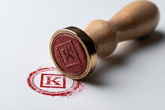 Vintage stamp tool laying next to red letter K imprint on textured paper