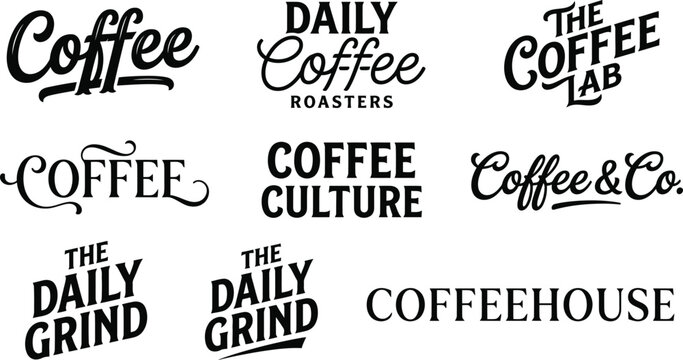 Collection of vintage style coffee shop logo designs and typography labels for cafe branding and signage