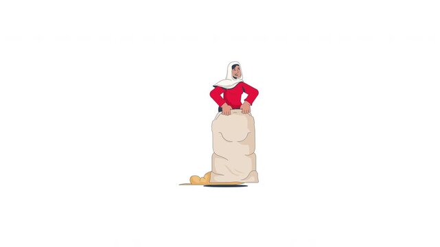 Smiling tudung woman participating in traditional sack race 2D character animation. Merdeka celebration. Recreational game contestant animated person cartoon 4K video isolated on transparent white