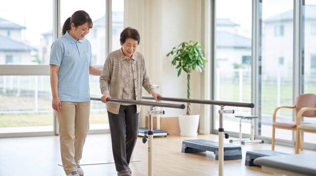 介護施設の機能訓練室で歩行訓練の介助を行う日本人女性の介護職