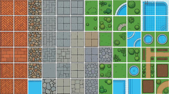 Top down garden and landscape tile set for game design featuring stone paths grass and water elements
