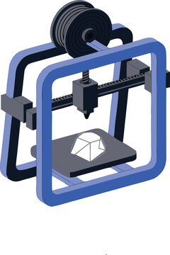 Modern isometric 3D printer vector illustration with plastic filament spool and printed model object