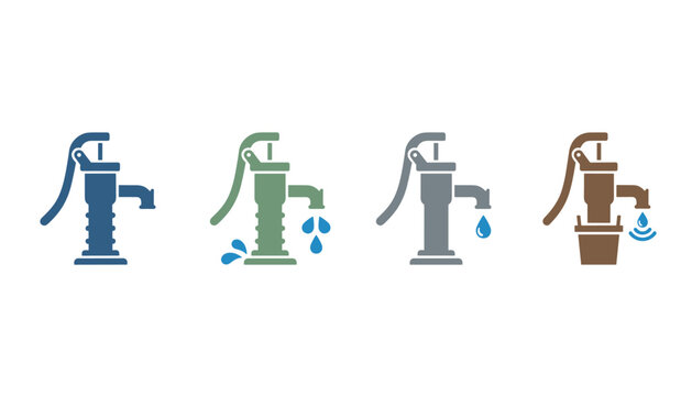 Four vector icons of retro hand-operated water pumps are presented in different colors and variations.