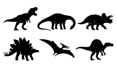 Six Prehistoric Dinosaurs and Flying Reptile Black Silhouette Vector Collection © Khadijatunanha