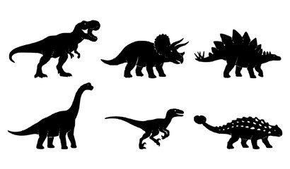 Six Prehistoric Dinosaur Silhouettes Black and White Vector Set with T Rex Triceratops and Stegosaurus © Khadijatunanha