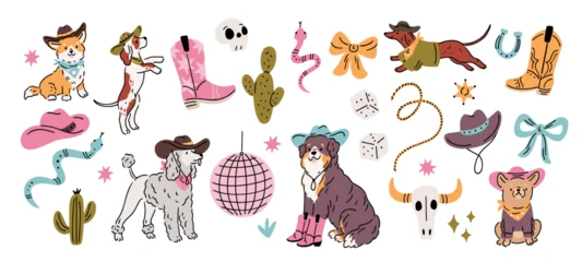 Cute cowboy dogs and western elements. Various breeds, boots, hats, lasso, cacti and wild west accessories, funny pets rodeo mood, stickers collection garish vector cartoon isolated set © YummyBuum
