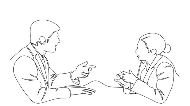 Continuous line drawing of business people talking, professional colleagues in office meeting, minimalist corporate communication vector illustration