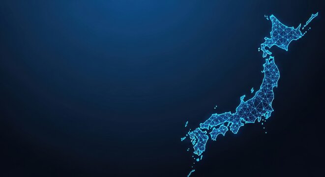 Digital network map of Japan in abstract geometric technology illustration with glowing connections