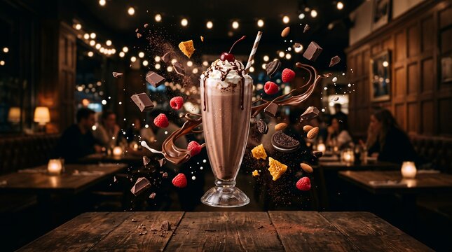 Chocolate milkshake garnished with berries and candy floats above a dark wooden restaurant table.