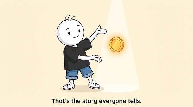 Cartoon character presenting a glowing coin. Animated host showing financial success.