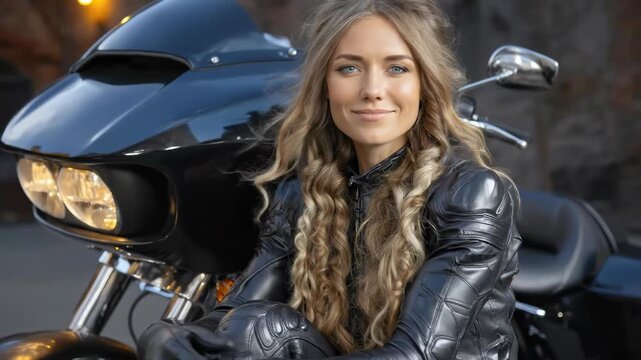 Attractive woman, long wavy blonde hair, black leather jacket, dark gloves. She sits confidently beside a sleek touring motorcycle, outdoors, conveying strength and freedom.