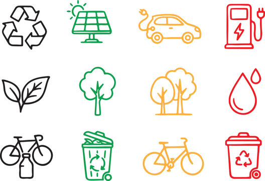Sustainability and eco icons set. Green energy and environmental protection line symbols.