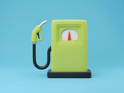Green gas pump with fuel nozzle and gauge for energy and fuel concept, 3d render on blue background