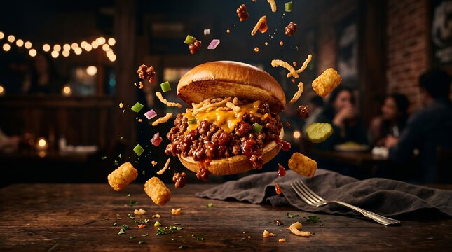 Chili cheeseburger suspends in the air with crispy potato tots flying around a dark dining room.