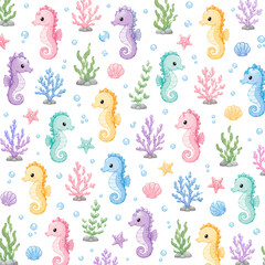 Naklejka premium Adorable watercolor seamless pattern with colorful seahorses, coral reefs, sea plants, seashells, bubbles, and starfish on a white background. Ideal for baby textiles, nursery decor, scrapbook paper. 