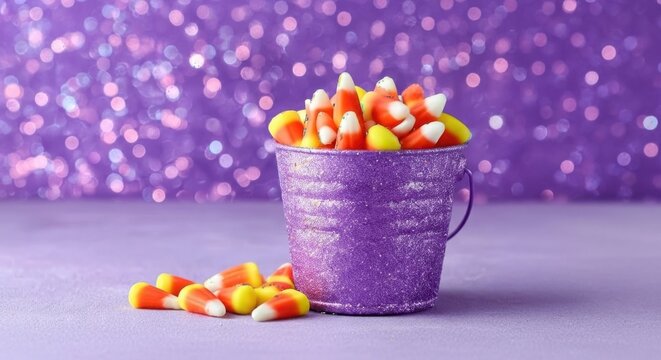 Purple bucket overflowing with candy corn on a sparkly background