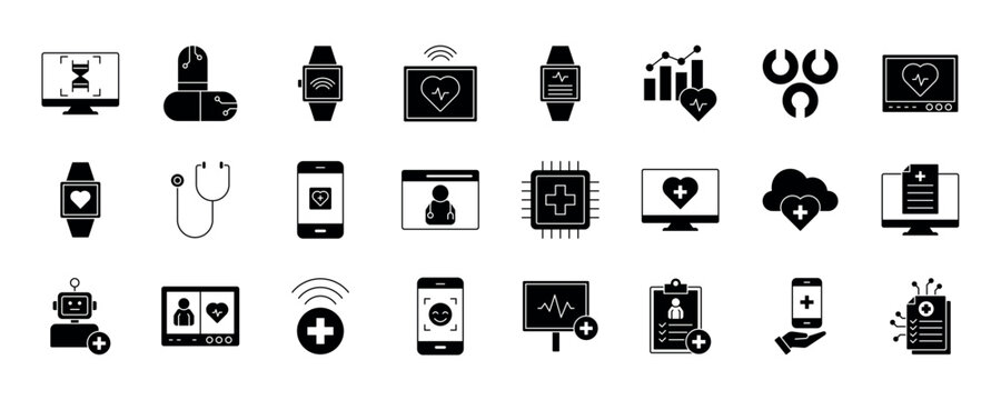 Health Tech icon collection set. Containing design technology, bio patch, health, telemedicine, medicine, data health, virtual care and more.