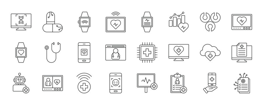 Health Tech icon collection set. Containing design technology, bio patch, health, telemedicine, medicine, data health, virtual care and more.