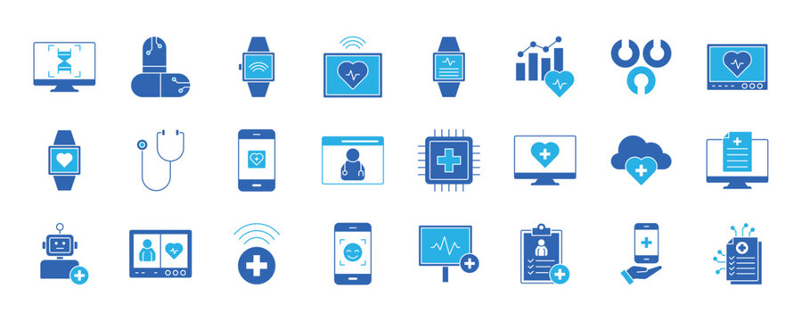 Health Tech icon collection set. Containing design technology, bio patch, health, telemedicine, medicine, data health, virtual care and more.