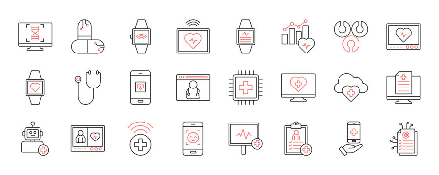 Health Tech icon collection set. Containing design technology, bio patch, health, telemedicine, medicine, data health, virtual care and more.