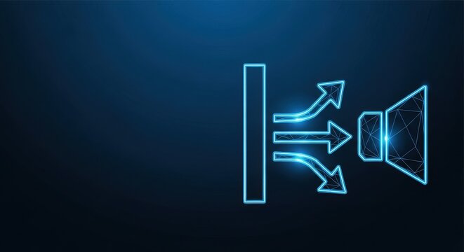 Neon blue arrows split and diverge from a vertical line, representing data flow, direction, and technological progression.